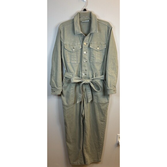 LANE BRYANT Olive Green Denim Jumpsuit 16 Petite Belted Straight Leg Utility 70s - Picture 2 of 16